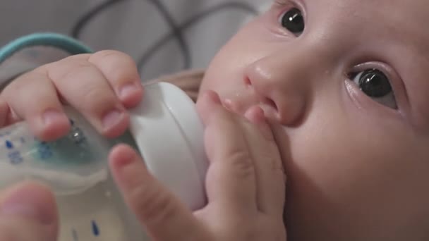 小さな子供は食べることを試み いたずらなのです 赤ちゃんのボトル 赤ちゃん 閉じる 顔の上お母さんは赤ちゃんに餌を与えます — ストック動画