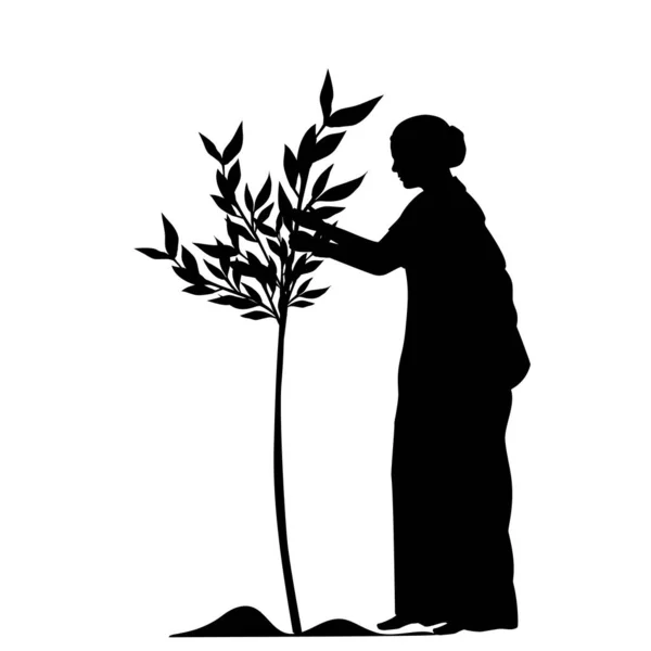 Silhouette Frau beim Baumpflanzen. Van Mahotsav. Nationales Fest der Baumpflanzung. Tag der Laube. — Stockvektor
