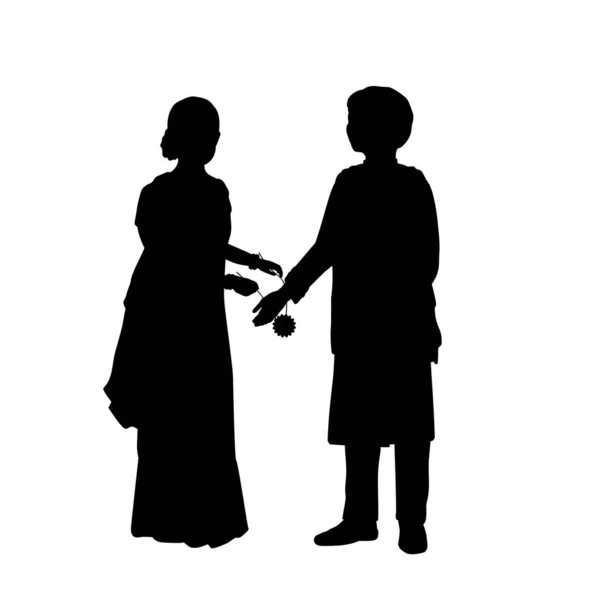 Silhouette ragazzo e ragazza bambini indiani. Felice Raksha Bandhan. Cultura e religione indiane. — Vettoriale Stock