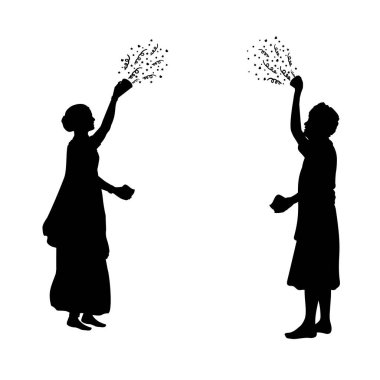 Yerli erkek ve kadın siluetleri etrafa boya saçıyor. Mutlu Holi 'ler. Holi Hindu festivali