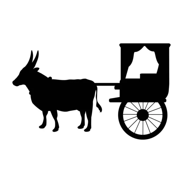 Η Σιλουέτ Όξεν τραβάει το καρότσι. Παραδοσιακές μεταφορές. — Διανυσματικό Αρχείο