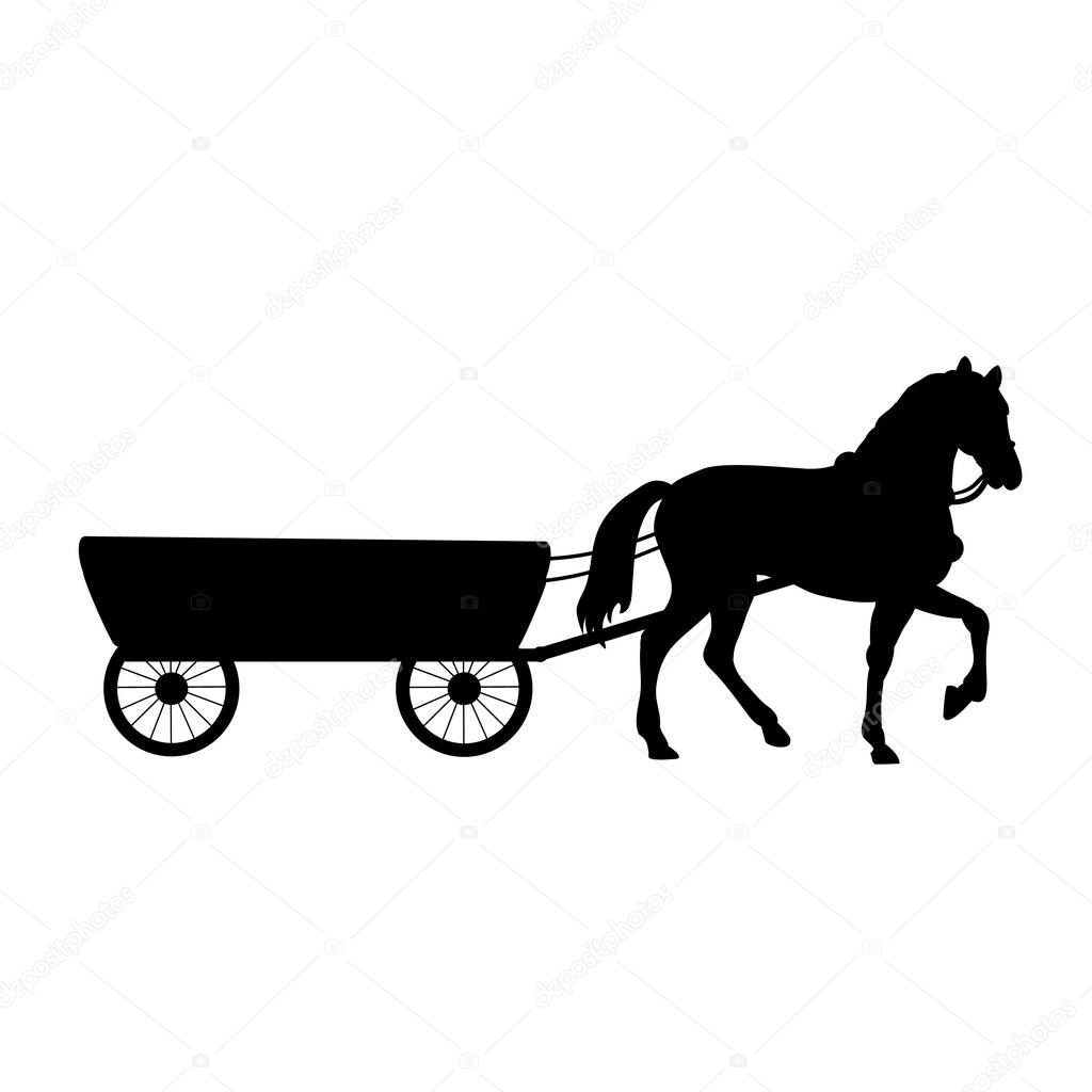 Silhouette Horse pulling cart. Traditional rural transportation. Illustration symbol icon