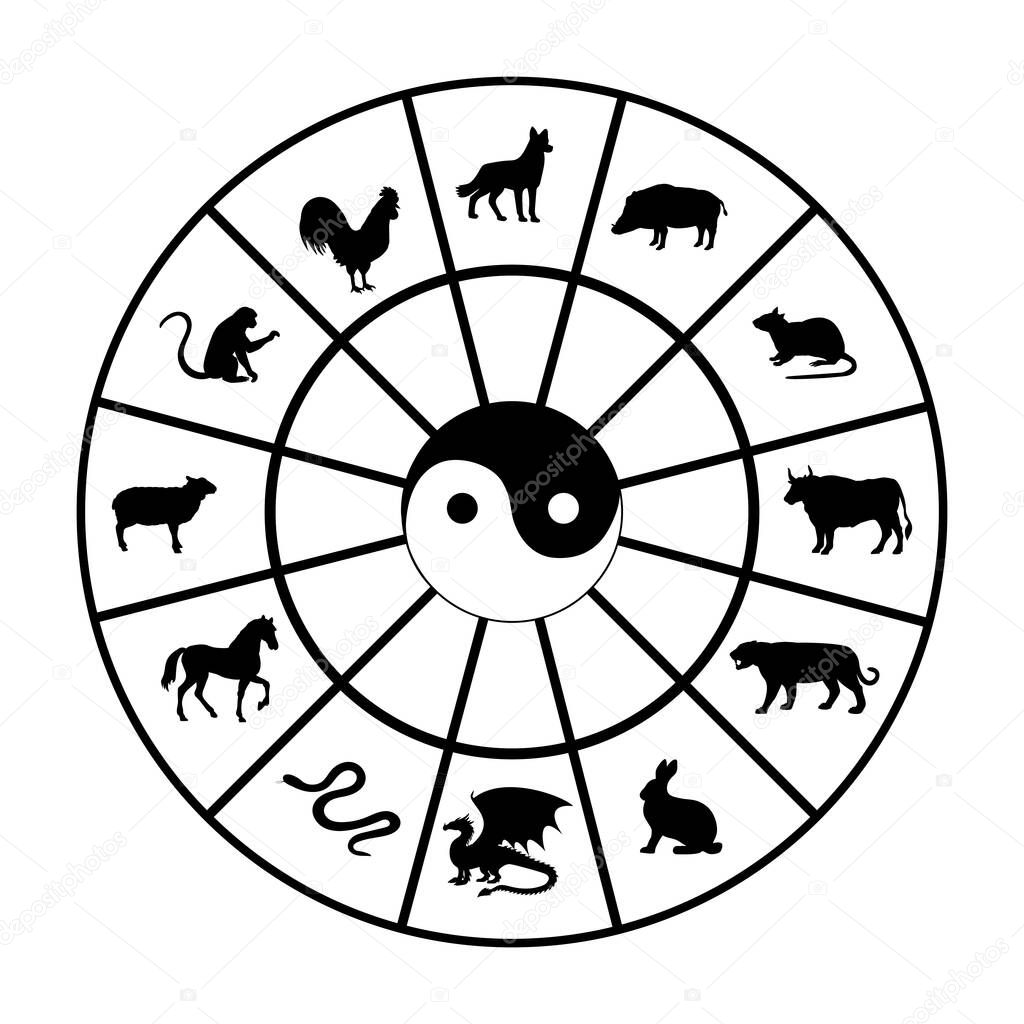 Silhouettes of animals in the Chinese calendar. Horoscope with zodiac signs. Illustration symbol icon