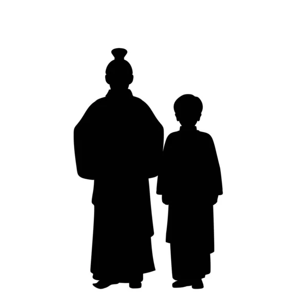 アジア民族衣装の父と息子のシルエット. — ストックベクタ