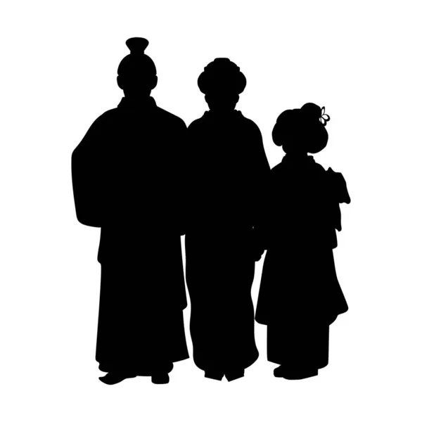 Silhouet familie van vader moeder en dochter in nationale aziatische kostuum. — Stockvector