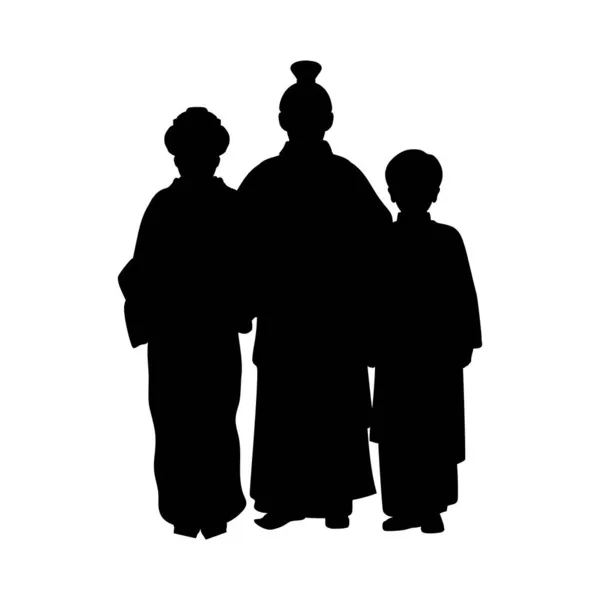 Silhouette famiglia di papà mamma e figlio in costume nazionale asiatico. — Vettoriale Stock