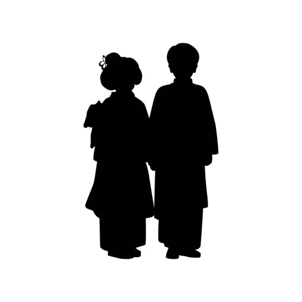 Σιλουέτα αγοριού και κοριτσιού με εθνική ασιατική στολή. — Διανυσματικό Αρχείο