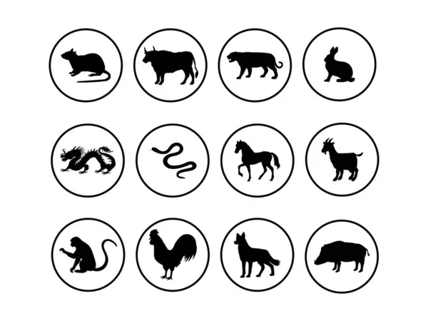 Tiersilhouetten für die Horoskopzeichen des Tierkreises. Chinesischer Kalender. — Stockvektor
