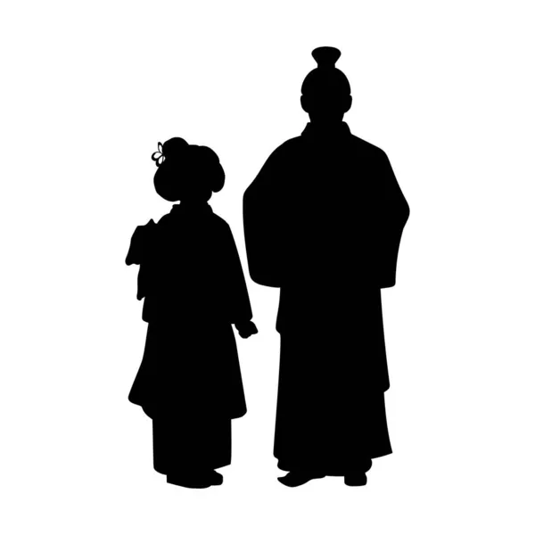 Silhouette of dad and daughter in national asian costume. — Stock Vector