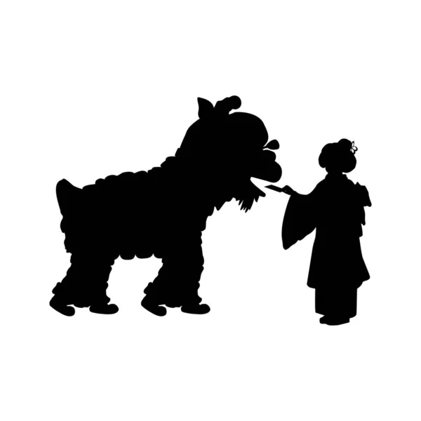 Silhouette girl and Lion dance for Chinese new year. — Stock Vector