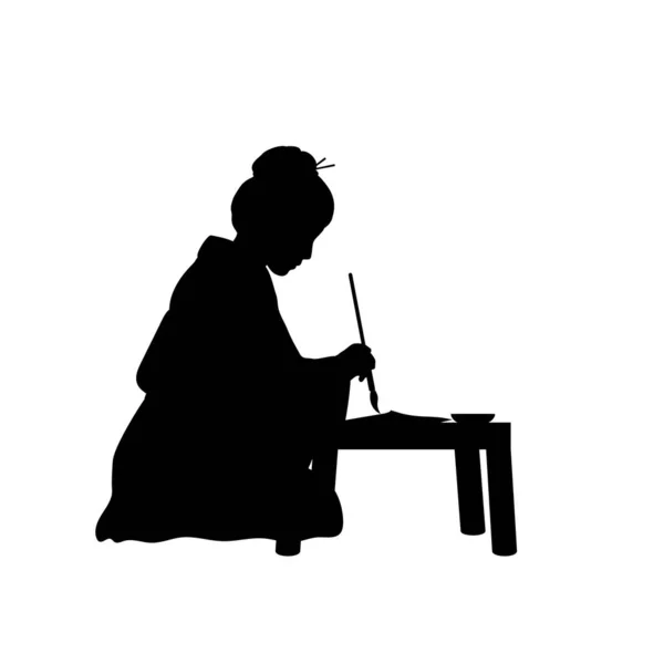 Silhouet aziatische vrouw schrijven Chinese kalligrafie. — Stockvector