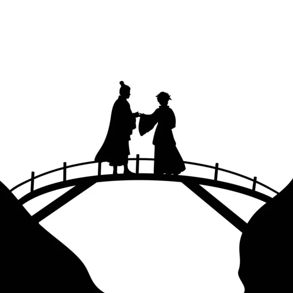 Silhouet liefhebbers Aziatisch koppel op de brug. Viering Valentijnsdag. — Stockvector