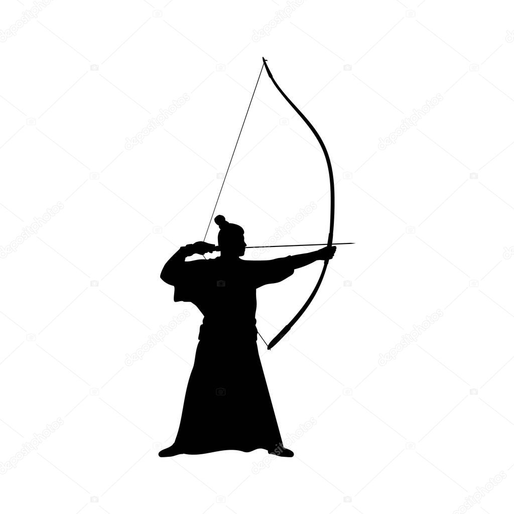 Silhouette Japanese Kyudo archer. Bow shooting. Illustration symbol icon