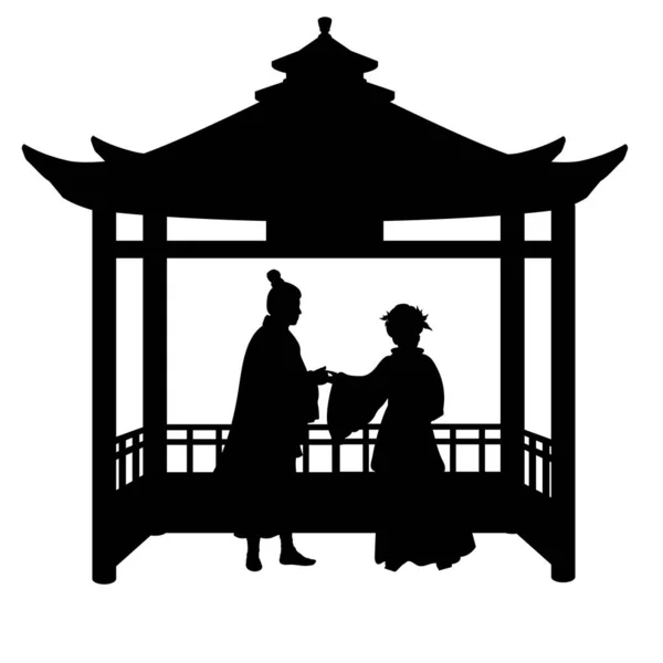 Silhouette asian couple of lovers in gazebo. Celebration Valentines day. — Stock Vector