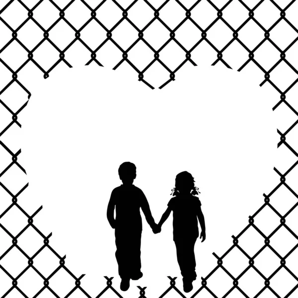 Silhouettes chłopiec i dziewczyna trzymają się za ręce. Światowy Dzień Uchodźców. — Wektor stockowy