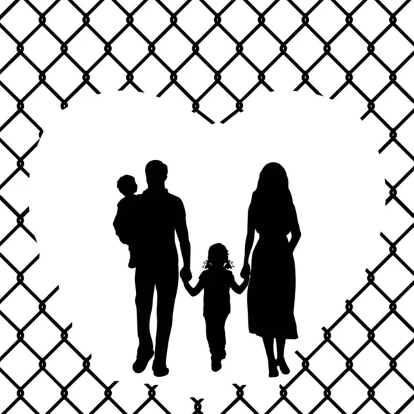 Siluet ailesi dikenli tellerin arasından göç ediyor. Dünya Mülteci Günü.