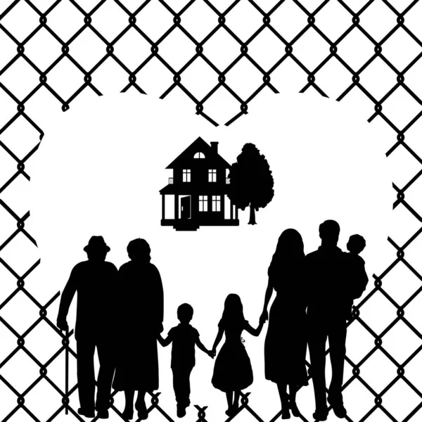 Silueta se stěhuje přes plot z ostnatého drátu. Mezinárodní den migrantů. — Stockový vektor