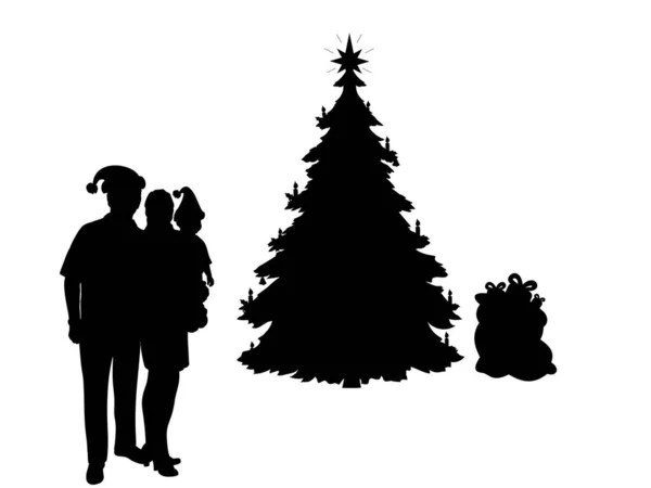 Silhouettes famille près du sapin de Noël. Bonne année. — Image vectorielle