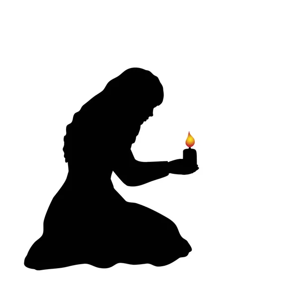 Silhouette einer Frau, die mit Kerze auf ihren Knien sitzt. — Stockvektor