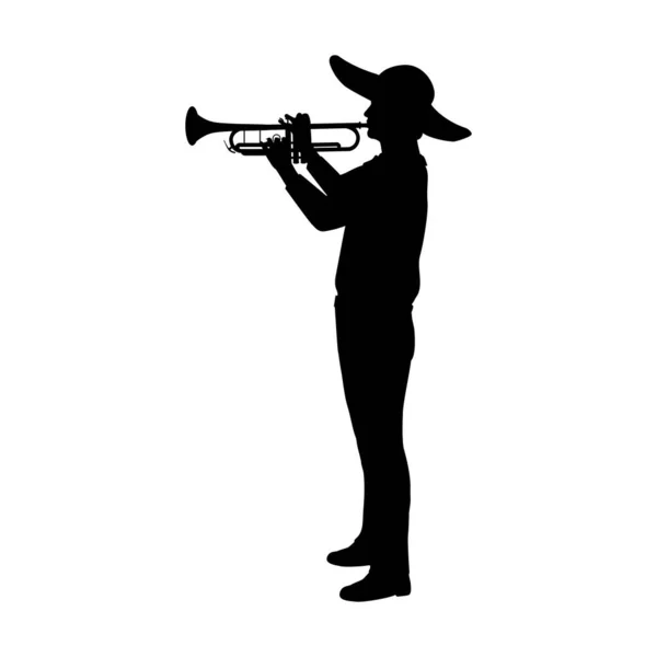 Silhouette of mexican man playing the trumpet of musical instrument. — Stock Vector