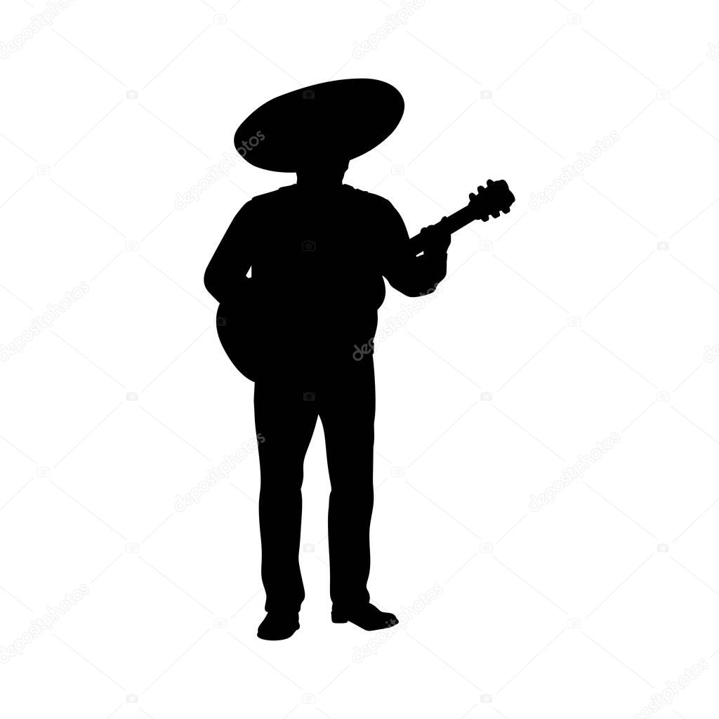 Silhouette mexican man in sombrero hat playing guitar. Illustration symbol icon