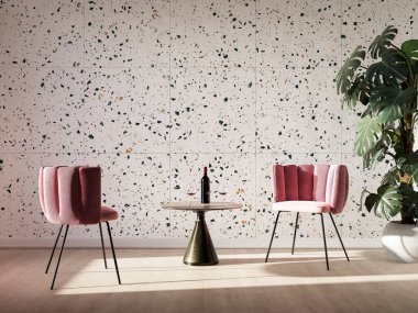 Masanın yanındaki renkli oturma odasının içinde Terrazzo duvar kiremitleri olan pembe Cahir. 3B Görüntü