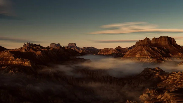 Rotsformaties Landschap Bij Zonsondergang Zonsopgang Met Mist Vallei Illustratie — Stockfoto