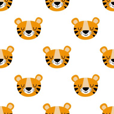 Tatlı kaplan yavrusu. 2022 yılının sembolü. Kumaş, ambalaj kağıdı, duvar kağıdı için kusursuz desen.