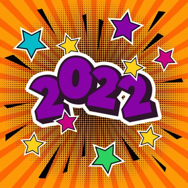 2022 yılı. Pop sanat tarzında renkli bir yeni yıl posteri. Vektör.