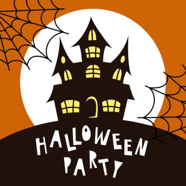 Cadılar Bayramı partisi davetiyesi. Dağdaki kasvetli şato. Renkli vektör illüstrasyonu.