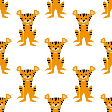 Tatlı kaplan yavrusu. 2022 yılının sembolü. Kumaş, ambalaj kağıdı ve duvar kağıdı için kusursuz desen. Vektör.