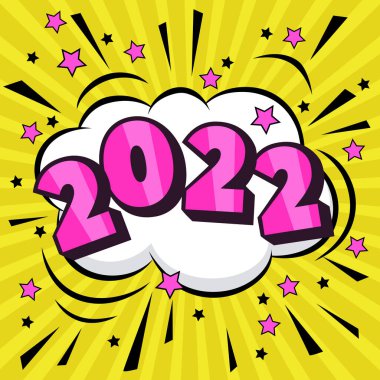2022 yılı. Pop sanat tarzında renkli bir yeni yıl posteri. Vektör.