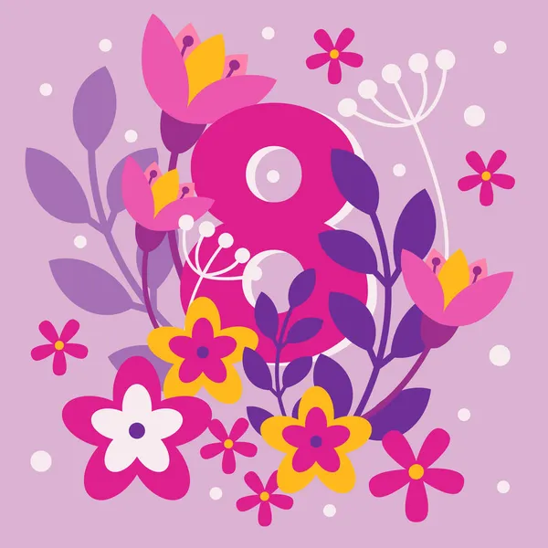 Carte de voeux pour le 8 mars avec fleurs et feuilles décoratives. Illustration vectorielle. — Image vectorielle