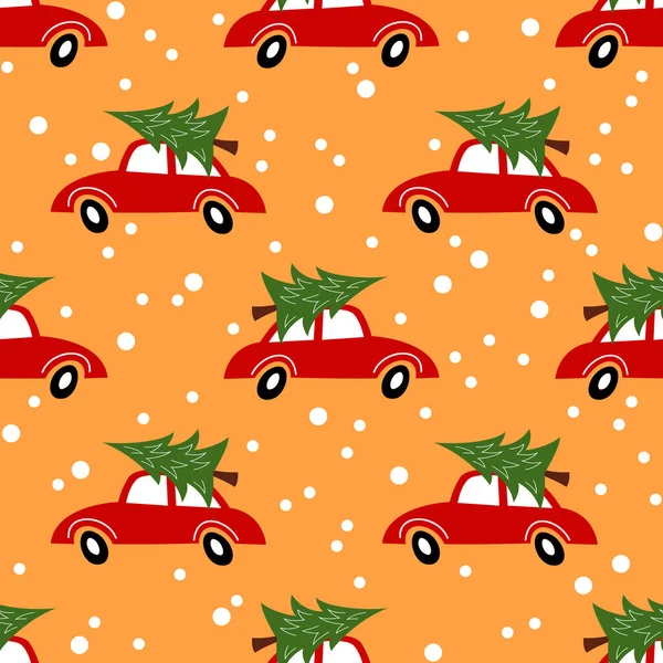 Modello senza cuciture di Natale. Una macchina rossa sta portando un albero di Natale. Illustrazione vettoriale. — Vettoriale Stock