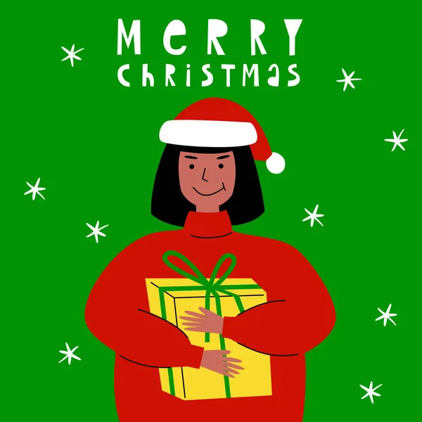 Tarjeta de felicitación de Año Nuevo, póster dibujado en estilo de dibujos animados. Una chica bonita sosteniendo un regalo. Ilustración vectorial. — Vector de stock