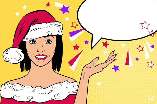 Bella giovane donna in cappello Babbo Natale in stile pop art fumetti. Capodanno e Natale . — Vettoriale Stock