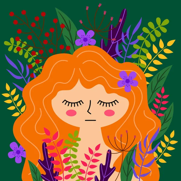 The girls face among flowers and leaves. Colorful illustration. — стоковый вектор