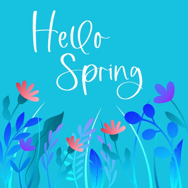 Briefkaart, poster. Hallo lente. Prachtige illustratie op een blauwe achtergrond. — Stockvector