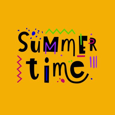 Yaz zamanı. Sarı arka planda elle yazılmış mektuplar. Renkli resimleme.