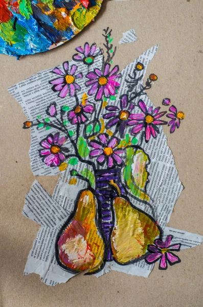 Collage Disegno Grafico Cartone Kraft Pere Crisantemi Autunno Natura Morta — Foto Stock