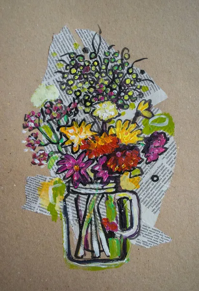 Collage Kraft Card Graphics Drawing Chrysanthemums Vase Autumn Still Life — Stock Photo, Image