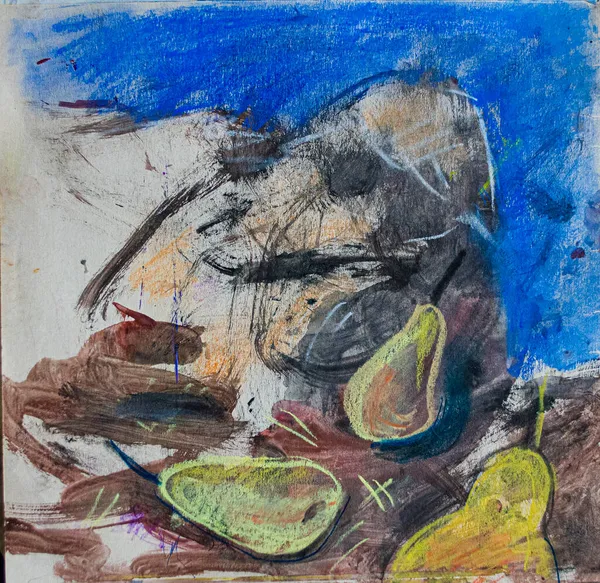 Soyut pastel bir arka planda sarı armutlar. Grafiksel kare natürmort.