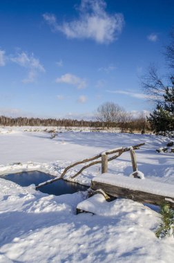 Kar kaplı ufuk çizgisinde ahşap parmaklıkları olan bir buz deliği. Kış manzarası fotoğrafı..