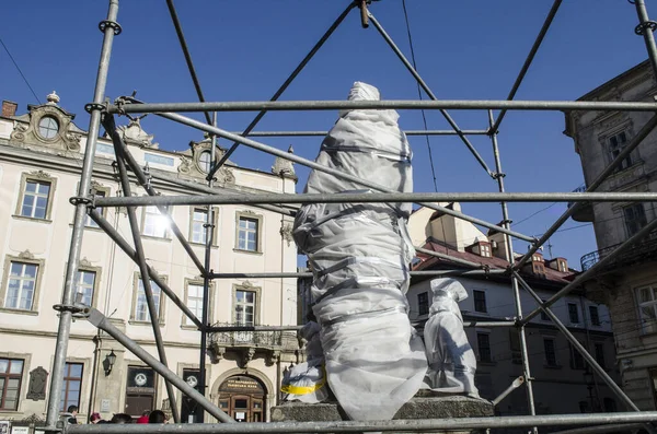 Львов Защищает Исторические Скульптуры Бомбардировок Война Украине Фото — стоковое фото