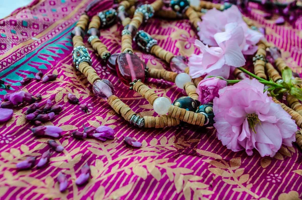 Wooden Beads Elements Venetian Glass Inlay Background Silk Sakura Decorations — стоковое фото