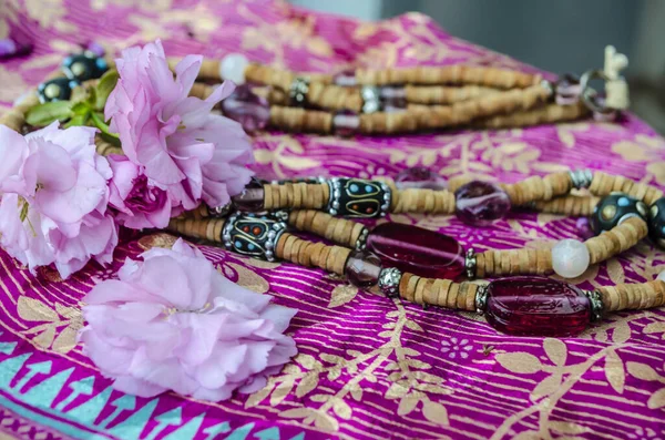 Wooden Beads Elements Venetian Glass Inlay Background Silk Sakura Decorations — стоковое фото