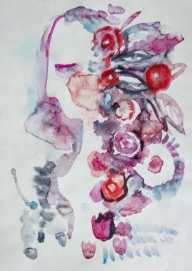 Güzel kadın yüzü saç yerine renkli çiçeklerle kaplanmış, beyaz arka planda soyutlanmış. Soyut çiçekçi kız..