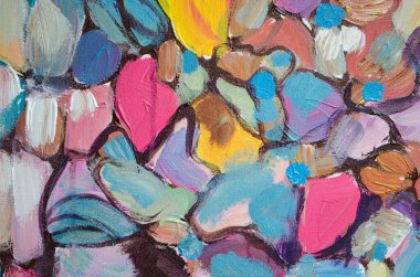 El çizimi akrilik resim. Soyut sanat geçmişi. Tuval üzerinde akrilik bir tablo. Renk dokusu. Sanat eserinin bir parçası. Fırça darbeleri. Modern sanat. Çağdaş sanat. Renkli tuval. Kapat..