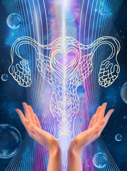 Female Hands Linear Drawing Uterus Background Outer Space Sacred Feminine — Stock Fotó