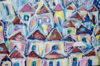 Picturesque houses with tiled roofs, painted with acrylic. A fragment of the Mediterranean landscape of the old town.